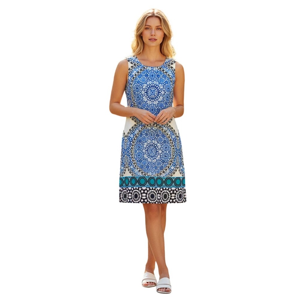 London Times Sheath Dress Womens 12 Blue NWT Geometric Mandala Sleeveless T1813M